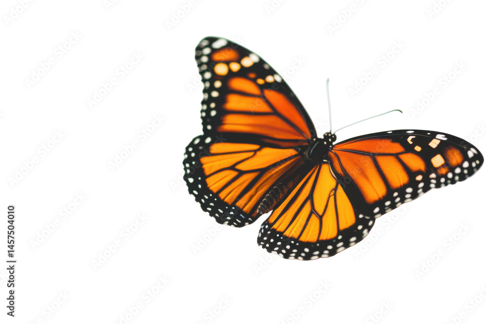 A monarch butterfly with orange and black wings is displayed against a dark background in the image here A monarch butterfly with orange and black wings is displayed against a dark background in the image here