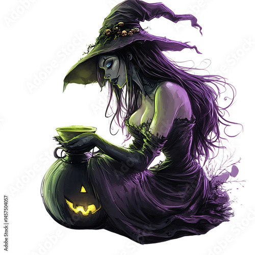 A Cartoon Witch Sitting on a Pumpkin Isolated on Transparent Background