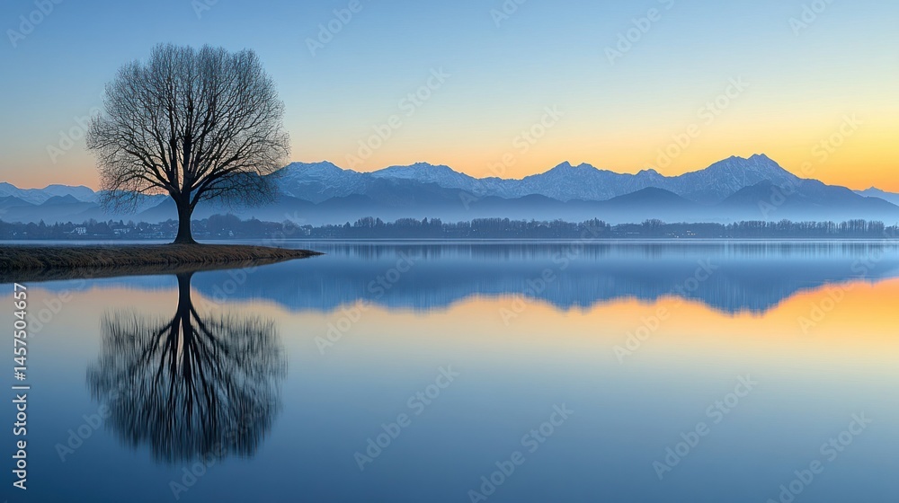 Fototapeta premium Tranquil lake reflecting a lone tree against a mountain sunrise