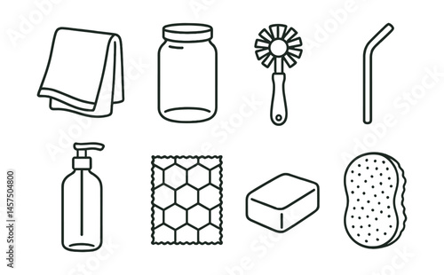 Line style icons of plastic-free household swaps: cloth towel, glass jar icon, wooden dish brush, metal straw, refill bottle, beeswax wrap, bar cleaner, reusable sponge.