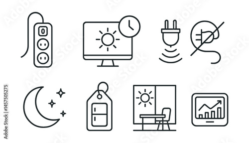 Line style icons of energy efficiency actions: power strip off icon, screen timeout badge, motion sensor light, unplug sign, sleep mode symbol, efficient appliance tag, daylight workspace plan,