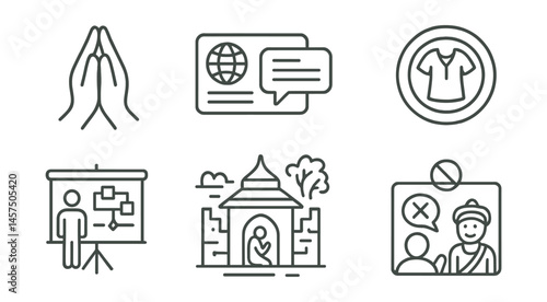 Line style icons of cultural respect in travel: greeting hand gesture, language card icon, dress respectfully badge, local customs chart, quiet sacred site icon, no photo symbol, learn before visit