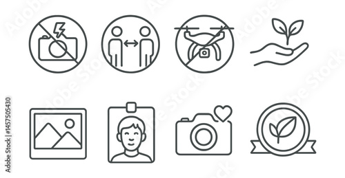 Line style icons of conscious photography: no flash icon, respect distance sign, no drone zone, nature composition tip, wide shot view, local faces consent card, slow moment capture, eco storyteller