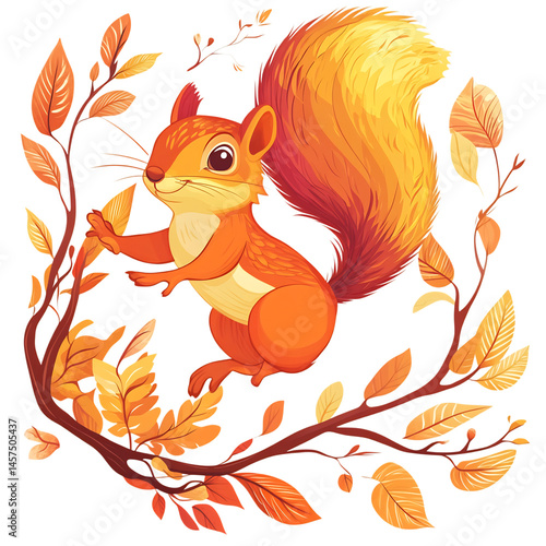 A Cartoon Squirrel Sitting on a Branch with Leaves Isolated on Transparent Background