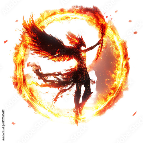 A Glowing Anime Phoenix Rising from a Circle of Fire Isolated on Transparent Background