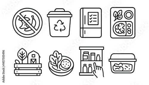Line style icons of reducing food emissions: no food waste icon, compost bin, fridge inventory list, meal prep board, local farm product, plant-based meal, shelf first rule, leftovers tray.