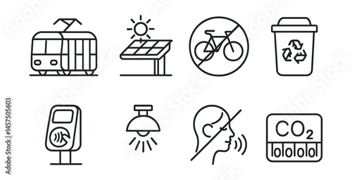 Line style icons of sustainable public transport: electric tram, solar-powered station roof, bike-on-board sign, onboard recycling bin, smart ticket validator, motion sensor lights, quiet zone icon,