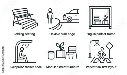 Line style icons of adaptive urban design: folding seating area, flexible curb edge, plug-in parklet frame, dynamic lane reassign icon, rainproof shelter node, modular street furniture, night route