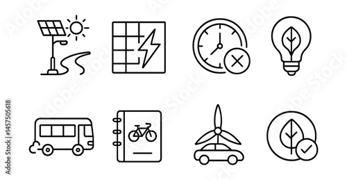 Line style icons of energy-efficient city travel: solar-powered path light, grid integration icon, peak-hour avoidance symbol, low-consumption indicator, transit emission report, personal eco travel