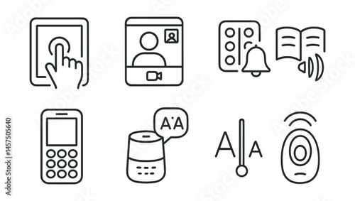 Line style icons of technology for seniors: easy-use tablet, video call app, medication reminder, screen reader icon, large button phone, voice assistant speaker, text size adjuster, emergency button