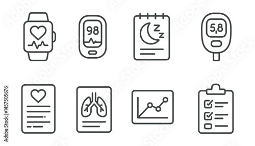 Line style icons of health monitoring tools: smart watch, pulse oximeter, sleep log, glucose monitor icon, wellness app interface, breathing guide card, physical status graph, symptom tracker.