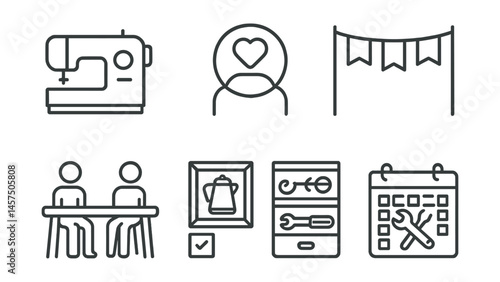 Line style icons of repair cafes and workshops: sewing machine icon, help volunteer badge, community banner, shared workspace table, fixed item photo wall, spare parts shelf, open toolkit drawer,