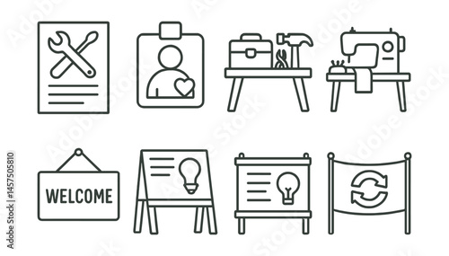 Line style icons of community repair events: fix-it day flyer, local volunteer badge, shared tool table, sewing station setup, electrical repair booth, event welcome sign, repair tutorial board,