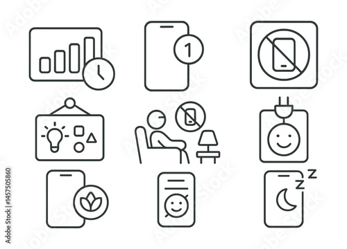 Line style icons of digital detox habits: screen time chart, app limit badge, device-free zone sign, offline activity board, phone-free evening icon, unplugged mood tracker, mindful scroll symbol,