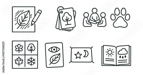 Line style icons of teaching nature connection: leaf rubbing page, tree ID game, nature sit circle, animal track print, seasonal changes poster, outdoor senses card, sky watching mat, weather journal