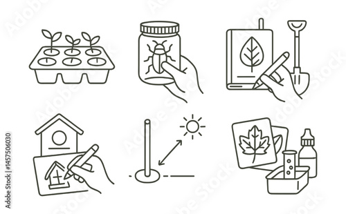 Line style icons of hands-on eco education: seed sprouting tray, insect observation jar, nature walk journal, schoolyard cleanup tools, bird feeder sketch, sun tracker stick, leaf ID cards, water