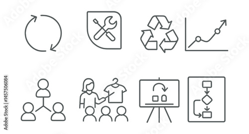 Line style icons of circular thinking education: life cycle arrows, repair corner badge, reduce-reuse-recycle chart, product journey map, waste to value graph, shared item icon, classroom swap day,