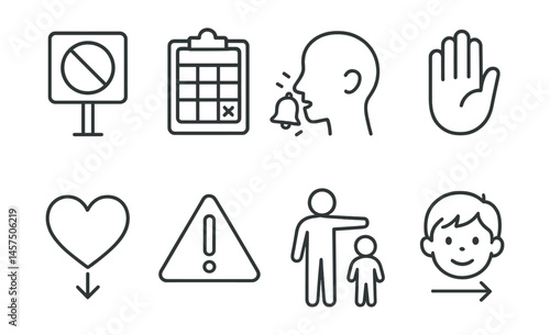 Line style icons of everyday gentle boundaries: simple no board, natural consequence chart, reminder visual, stop-hand signal, firm with love symbol, boundary is safety sign, respectful redirect icon