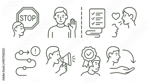 Line style icons of setting limits with kindness: calm stop board, boundary with reason icon, no-shame rule list, connect-before-correct symbol, consequence path map, kind tone speaker, respectful