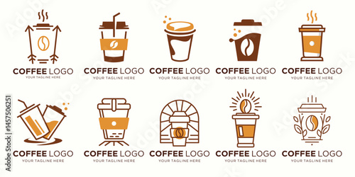 vector set premium coffee Cafe mug icon. Latte aroma symbol. Espresso hot drink cup sign.