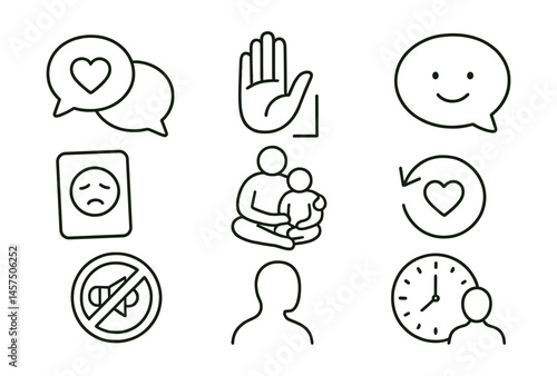 Line style icons of gentle parenting principles: connected conversation icon, respectful boundary hand, calm tone bubble, emotion validation card, co-regulation posture, attuned response sign,