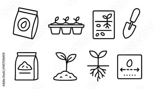 Line style icons of growing from seed: seed packet icon, labeled sprouting tray, germination chart, small spade, compost mix bag, first leaf sprout, root system icon, seed spacing guide.