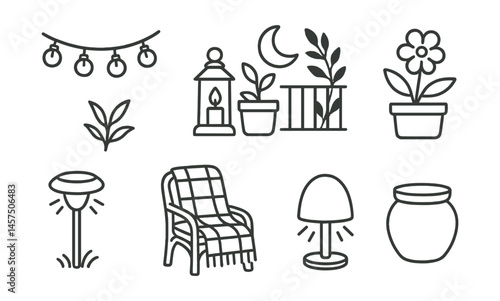 Line style icons of nighttime balcony garden vibe: string fairy lights, lantern next to pot, moon plant shadow, night-scented flower pot, solar light stake, cozy blanket seat, gentle light diffuser,