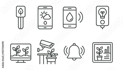 Line style icons of smart urban gardening: digital moisture sensor, weather tracker app, smart watering alert, grow light timer, yield tracker screen, balcony cam icon, notification bell, plant care
