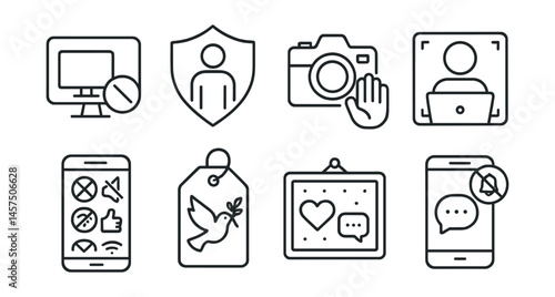 Line style icons of digital boundaries and consent: shared screen rules, respect privacy badge, ask before photo icon, personal digital space card, device etiquette sheet, protect peace tag, mindful