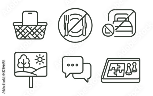 Line style icons of tech-free rituals: phone basket icon, unplugged mealtime badge, no-device bedtime sign, morning without screen, connect with nature board, real conversation card, offline hobby