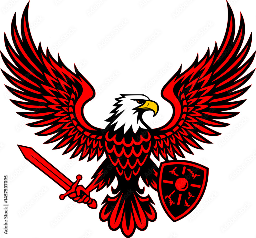 Obraz premium Stylized American Eagle Logo with Outstretched Wings, Sword and Shield – Patriotic Heraldic Emblem with Transparent Background – Bold Symbol of Strength, Defense, and Freedom in Minimal Vector Design