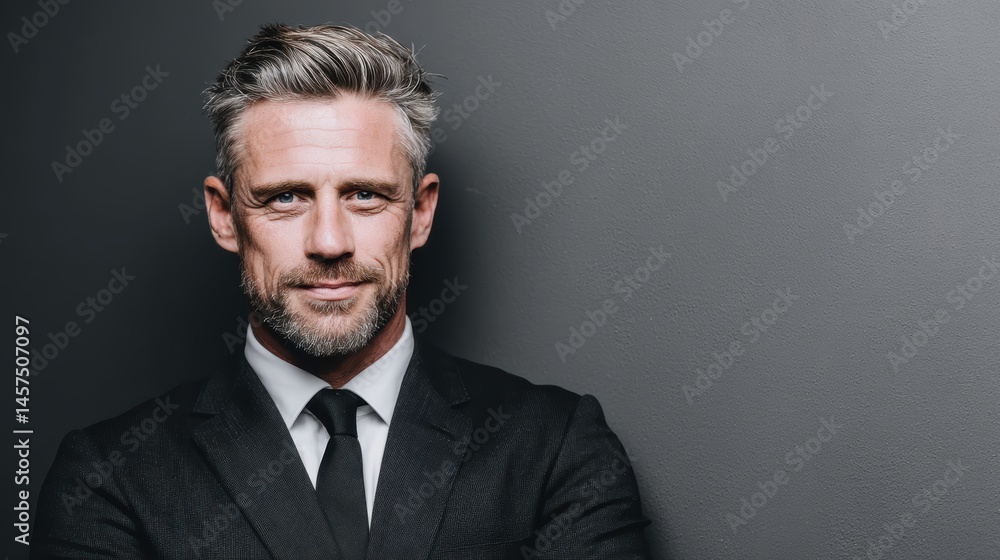 Confident corporate lawyer in a black suit, standing in front of a simple grey background, exuding authority and professionalism Confident corporate lawyer in a black suit, standing in front of a simple grey background, exuding authority and professionalism