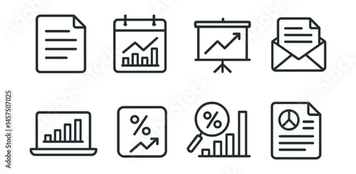 Line style icons of client reporting: report file, monthly chart, presentation graph, email summary, data slide, ROI recap, results icon, dashboard print.