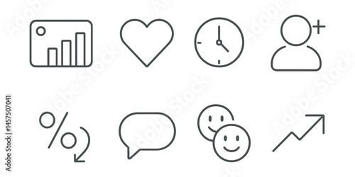 Line style icons of engagement metrics: impressions icon, likes count, average watch time, follower change, CTR percentage, DMs opened, reactions total, share rate.