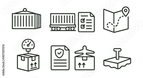 Line style icons of freight logistics: shipping container, rail freight, cargo manifest, route planning, load sensor, customs form, air freight box, dock icon.