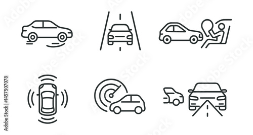 Line style icons of transport safety tech: brake assist, lane detection, collision alert, airbag deploy, 360 camera, radar icon, blind spot sensor, night vision.