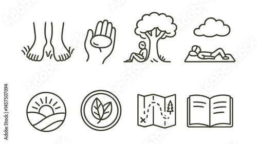 Line style icons of time in nature: bare feet on grass icon, river rock touch, sit under tree sketch, cloud-watching mat, sunrise routine, collect moments badge, no-rush trail map, field note journal