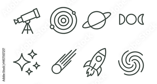 Line style icons of astronomy: telescope icon, solar system, planet orbit, moon phase, star cluster, comet tail, rocket icon, galaxy swirl.