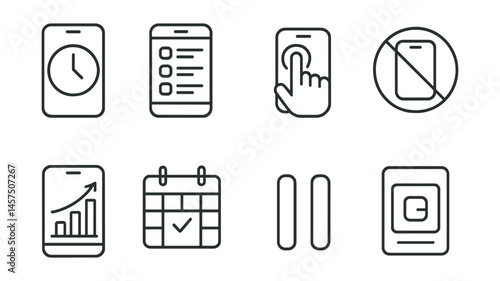 Line style icons of daily screen awareness: screen time tracker, app usage log, digital check-in icon, phone-free reminder, balance goal chart, screen schedule board, tech pause symbol, digital