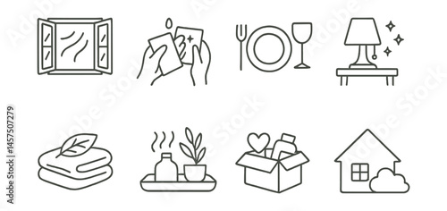 Line style icons of slow home rituals: open window air flow, clean with care card, set table slowly icon, cozy light evening, fresh linen badge, space to breathe tray, declutter with joy symbol, home