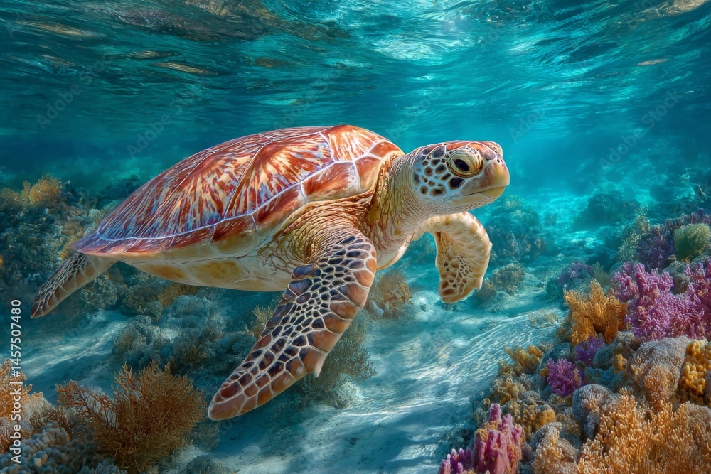 Fototapeta premium Sea Turtle Glides Over Coral Reef in Clear Ocean Water, Peaceful Marine Environment