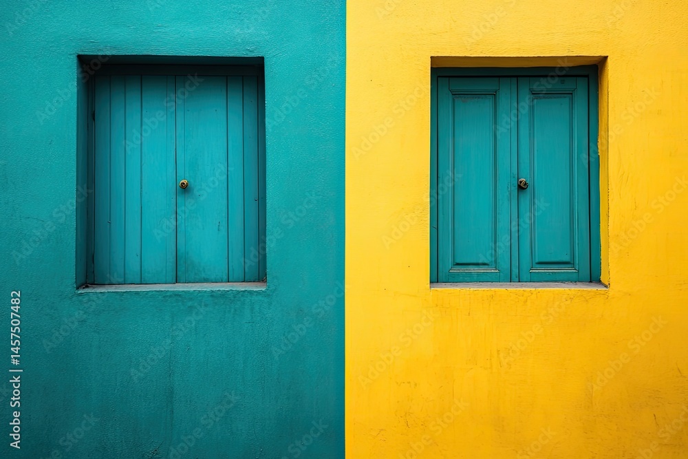 Two contrasting colors, teal and gold, meet at a building with matching windows Two contrasting colors, teal and gold, meet at a building with matching windows