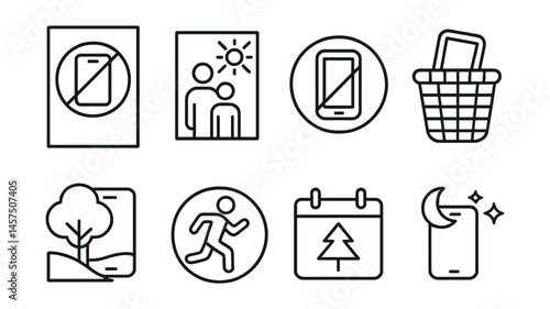 Line style icons of screen-life balance: tech-free zone poster, real-life moment card, daily digital break icon, phone basket symbol, evening unplug time, nature over screen icon, physical activity