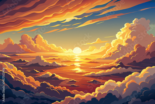 Majestic aerial view of the sun descending into dramatic clouds during an epic sunset, with golden evening light illuminating the sky and cloudscape. Perfect for nature backgrounds, travel inspiration