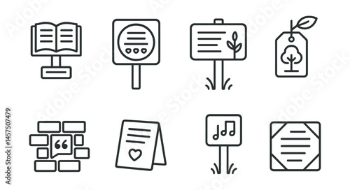Line style icons of poetic city markers: tiny story plaque, memory lane badge, urban haiku sign, name that tree label, quote in the bricks, “this mattered here” card, joyful moment post,