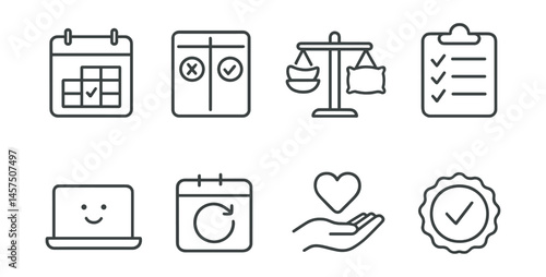 Line style icons of workload balance tools: plan ahead calendar, must-do vs may-do board, grading with rest sign, simplified prep checklist, digital tool helper icon, flexible schedule tracker,