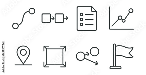 Line style icons of project planning: roadmap curve, phase icon, deliverables list, risk chart, milestone pin, scope square, dependency line, launch flag.