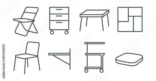 Line style icons of flexible and minimal furniture: foldable chair, wheeled supply drawer, light table icon, reconfigurable room map, chair without arms, wall-mounted shelf, mobile teaching cart,
