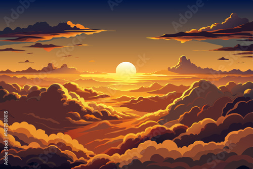 Majestic aerial view of the sun descending into dramatic clouds during an epic sunset, with golden evening light illuminating the sky and cloudscape. Perfect for nature backgrounds, travel inspiration