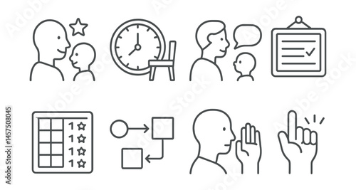 Line style icons of parenting strategies: positive praise, timeout clock, calm talk, rule board, reward chart, routine flow, firm limit, consistent cue.
